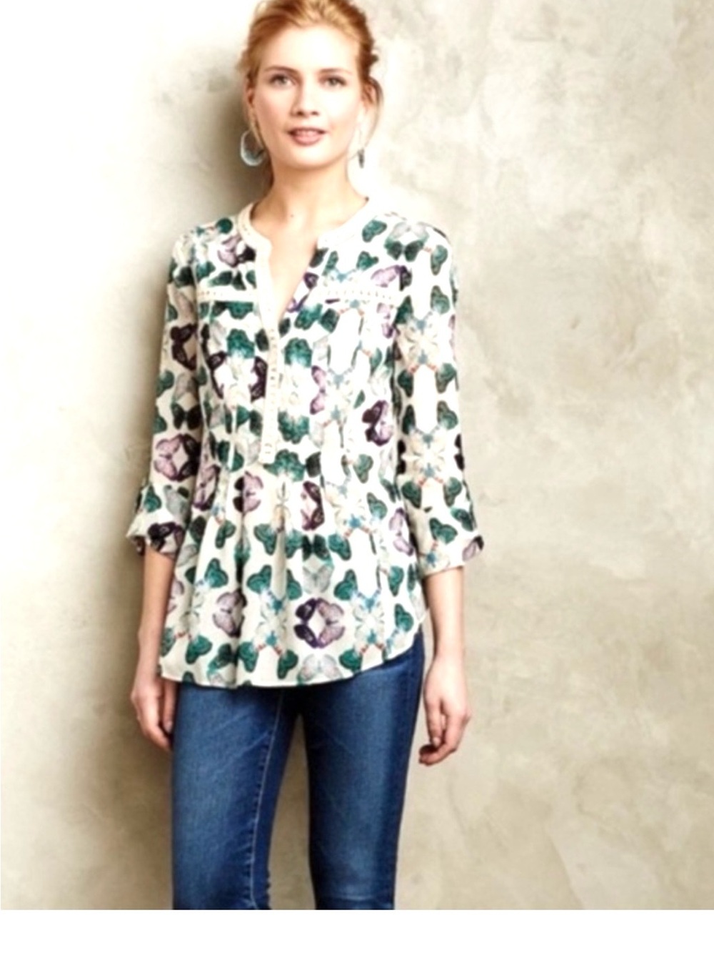Maeve Cream Floral Butterfly Split-Neck Pintuck Blouse with Green and Purple